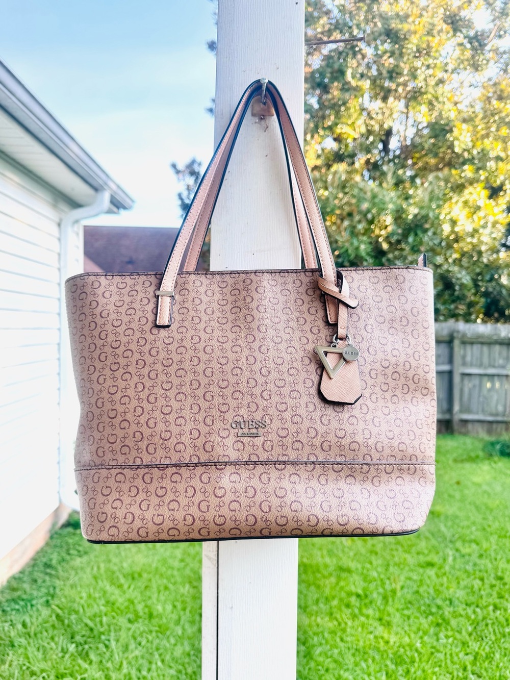 GUESS Blush Brown Signature Logo Tote with Charm